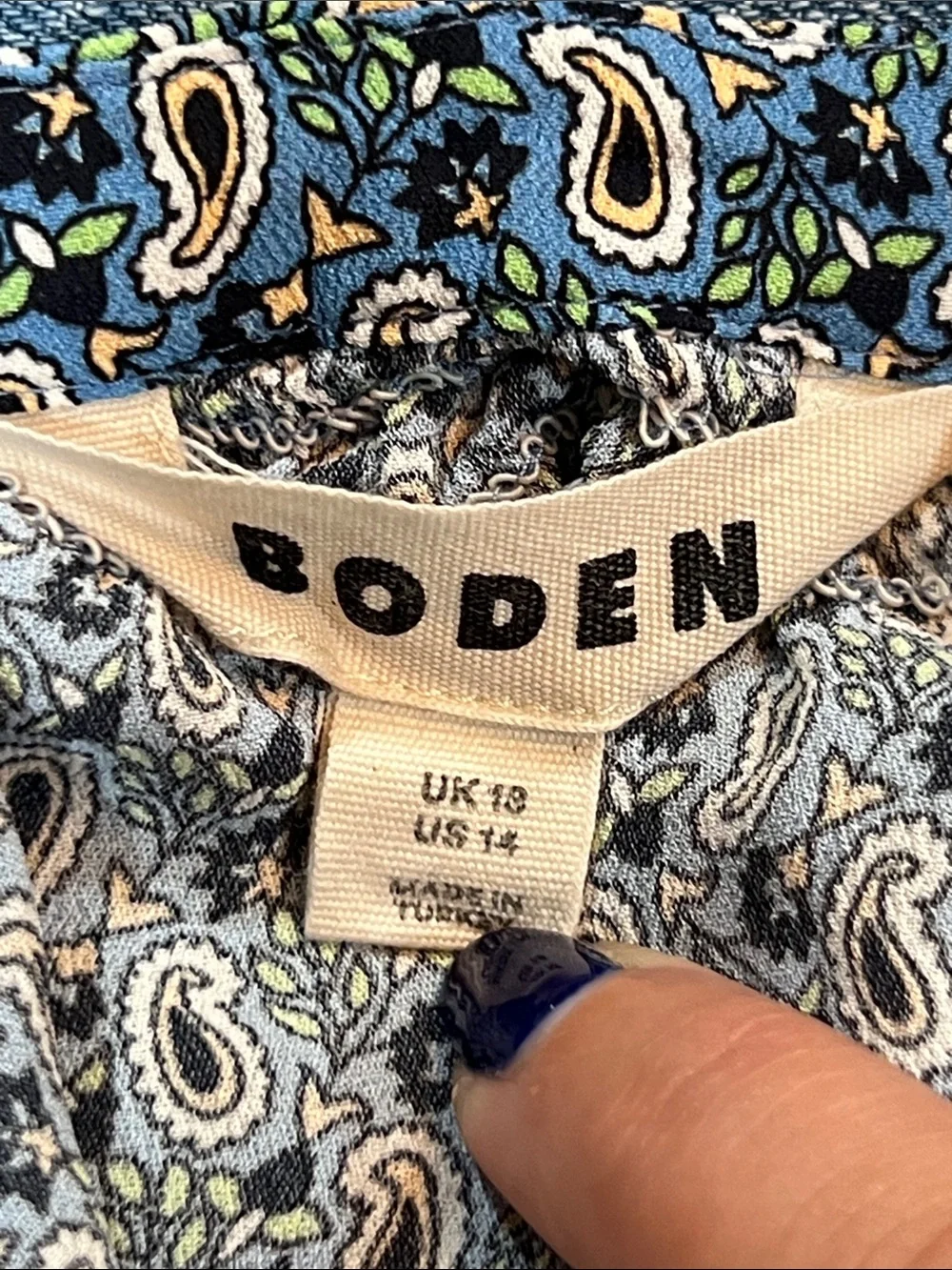 Boden Paisley Top 14 Blue Gathered Split Neck Puff Sleeve Semi Sheer Preppy
